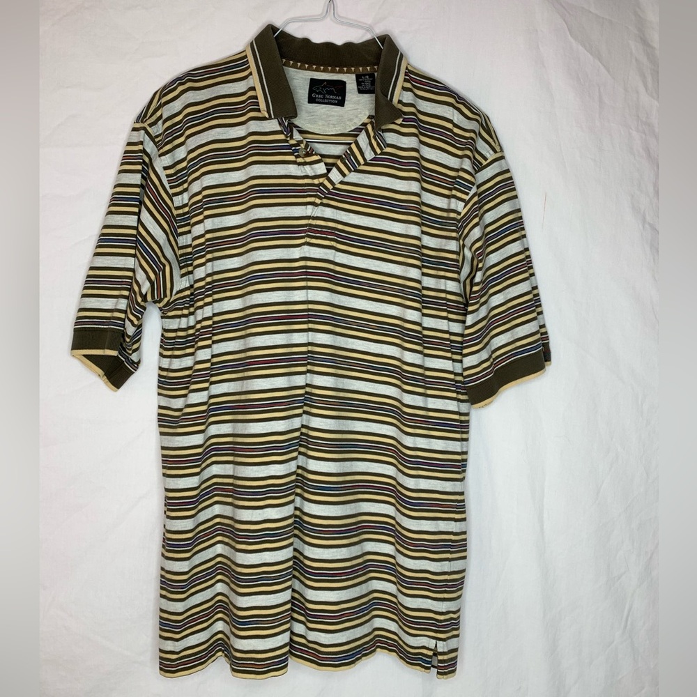 Greg Norman Collection golf polo shirt L short sleeve olive green stripes